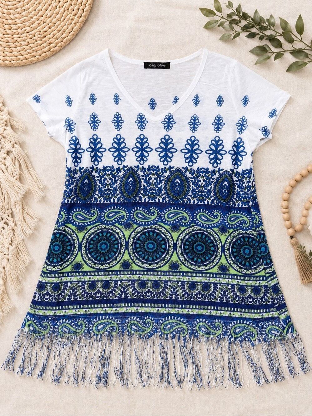 Only Nine Women’s Medium White Blue Green Boho Paisley Fringe Tunic Top